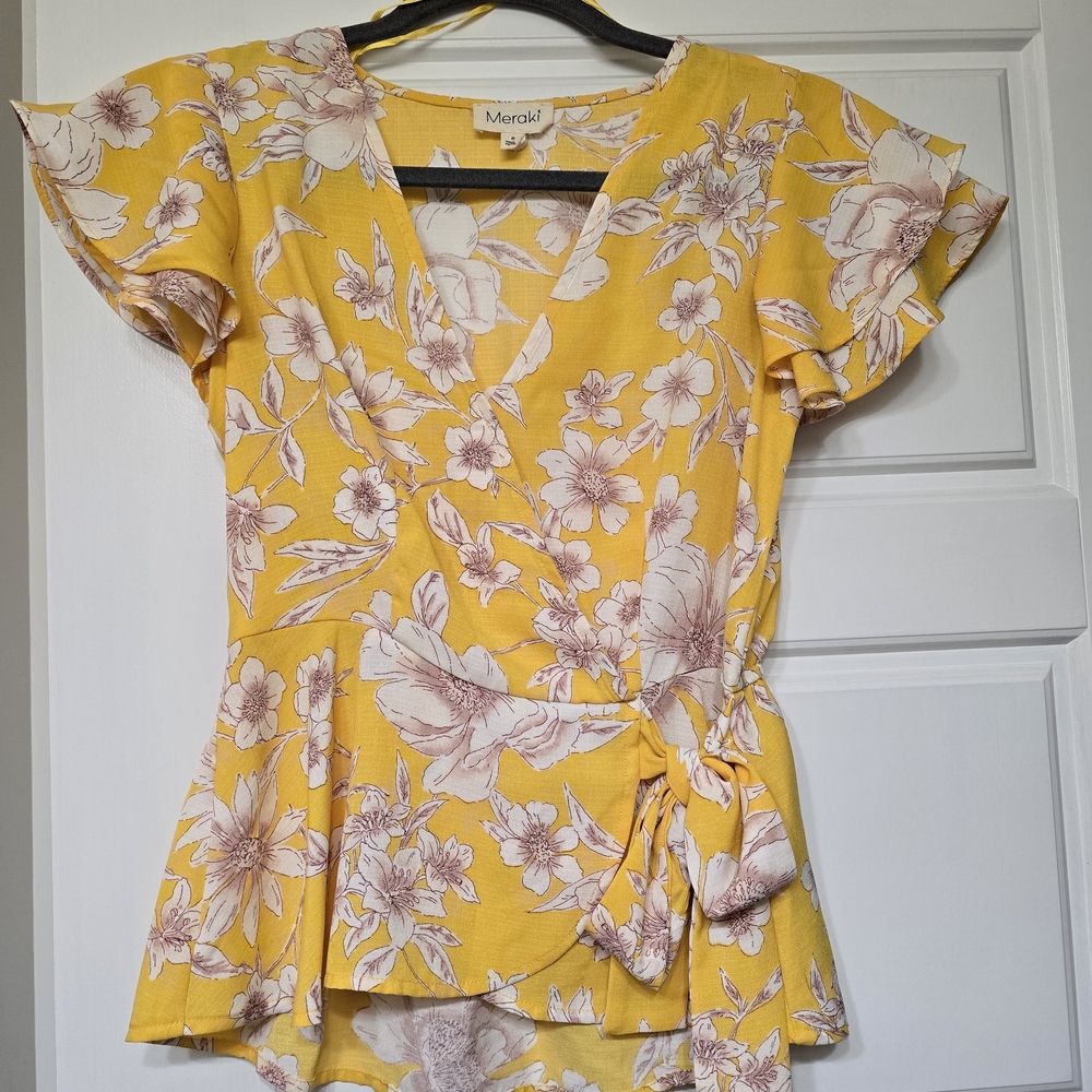 meraki Yellow Floral Wrap Top with Tie Waist